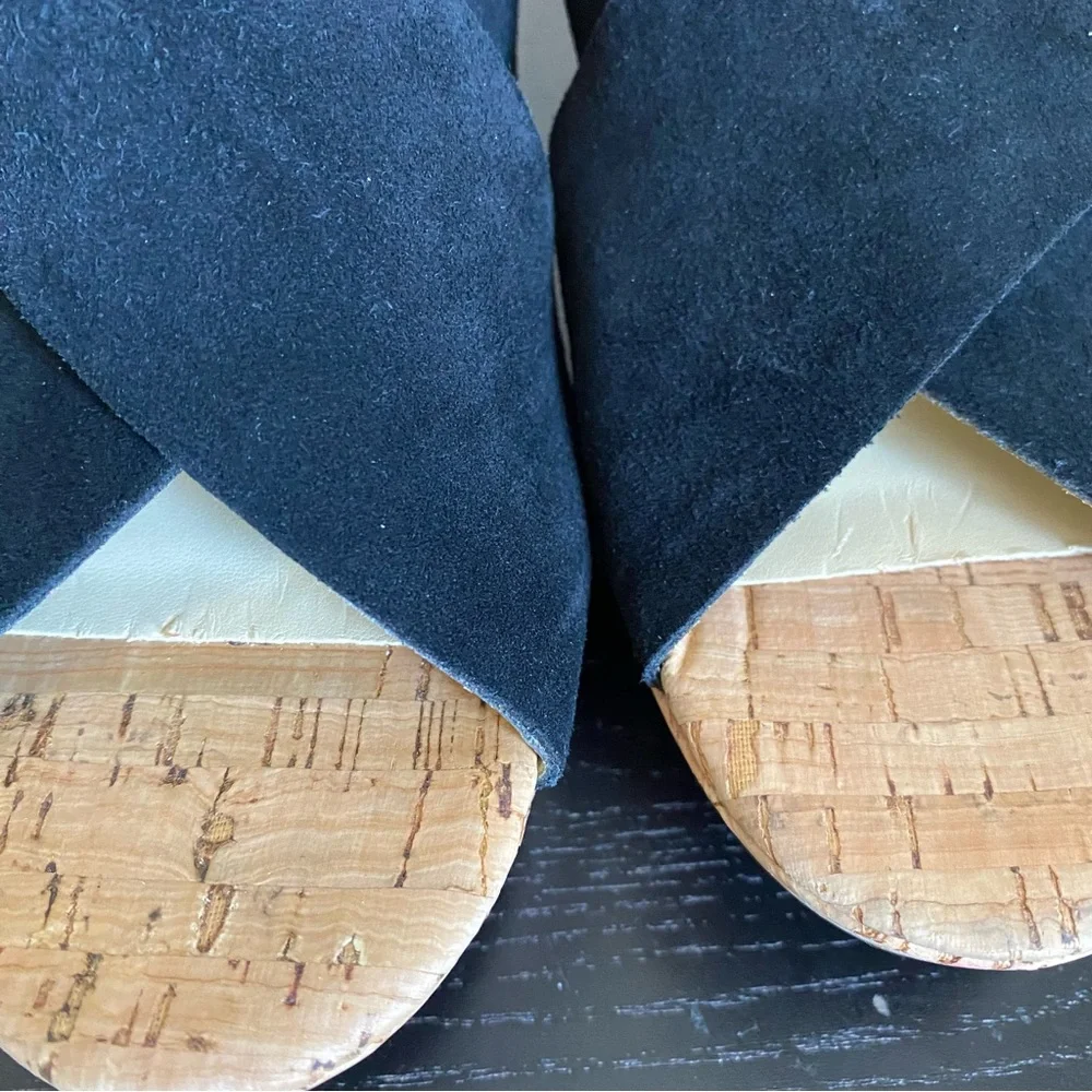 ISAAC MIZRAHI LIVE SLINGBACK CORK WEDGE SANDAL. MADDIE. BLACK SUEDE SZ 10 M